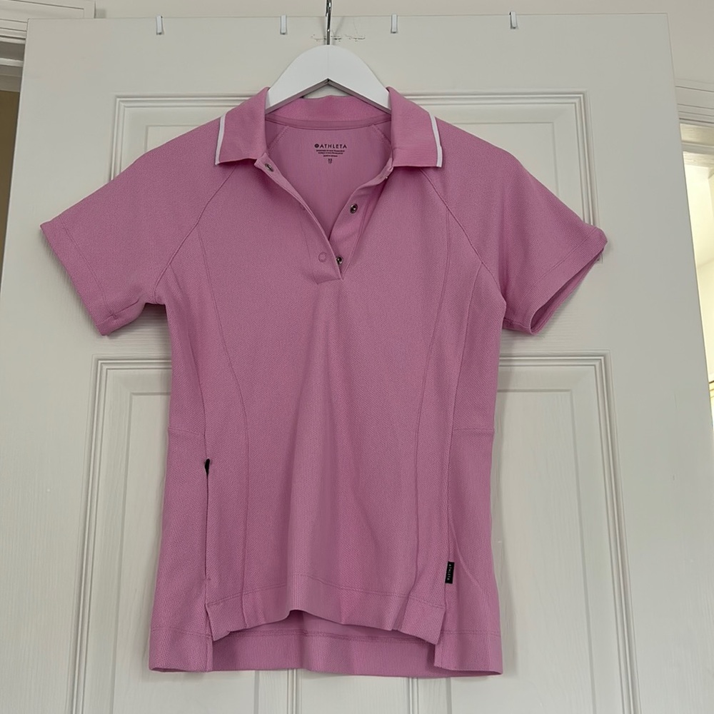 Athleta everyday polo tee/t shirt polo, XS, pink w white trim